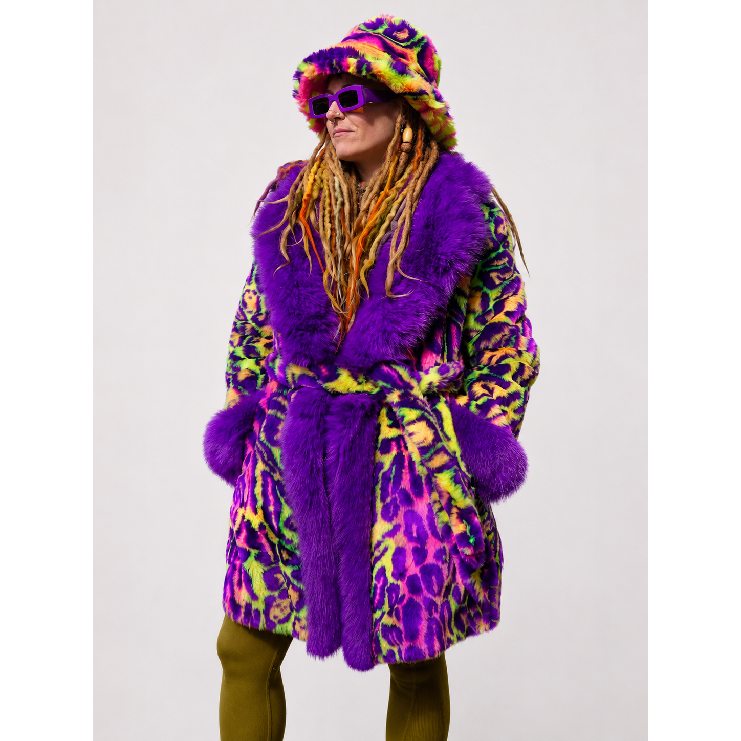 Groovy Neon Jaguar Mid-Length Dreamer Coat - Kimono Dave